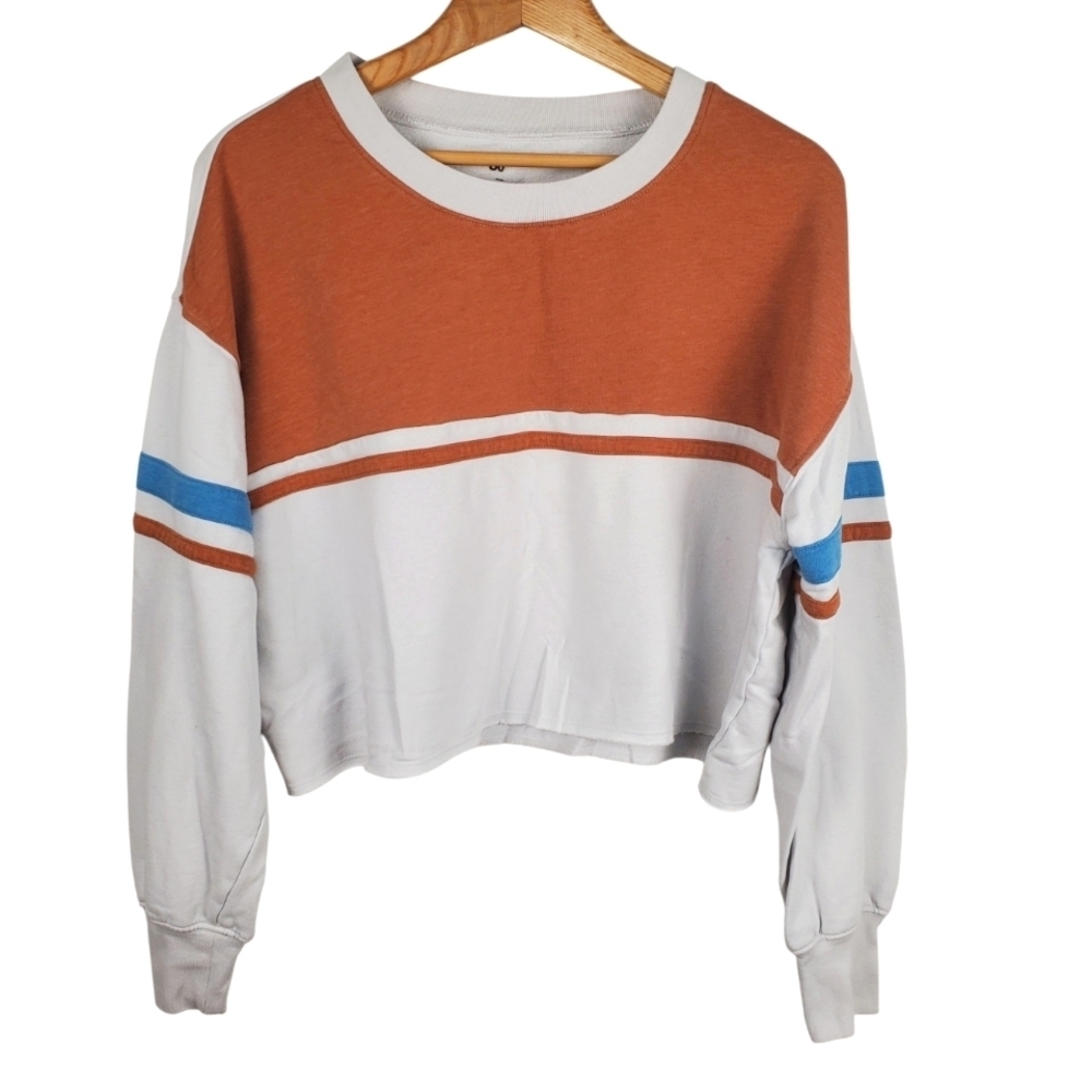 SO Lounge Life Cropped Sweatshirt - Brown, White, and Blue. LG. E0075
